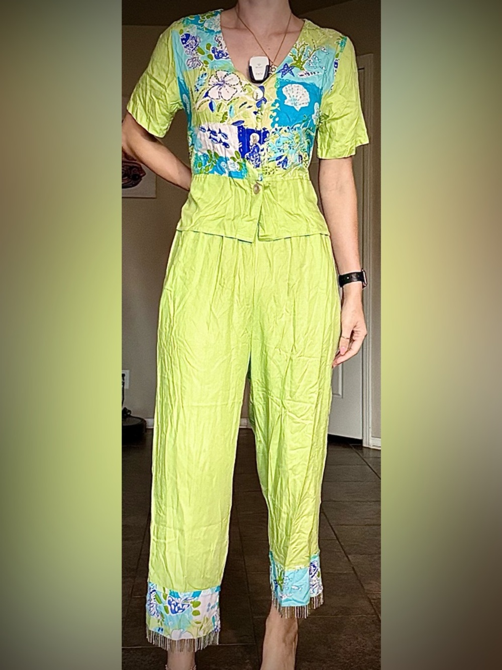 Vintage Green Beaded Coastal Set Pants Top Blouse Dress S Paradiso